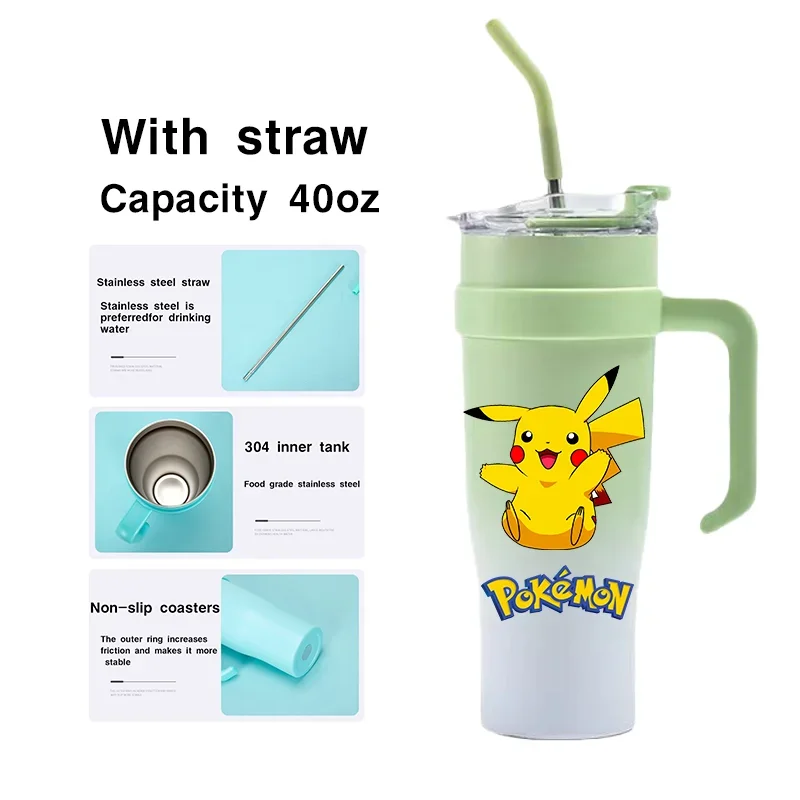 Cartoon Anime 1200mL Pokemom Portable Stainless Steel Ice King Large Capacity Insulated Cup Outdoor Sports Water Bottle