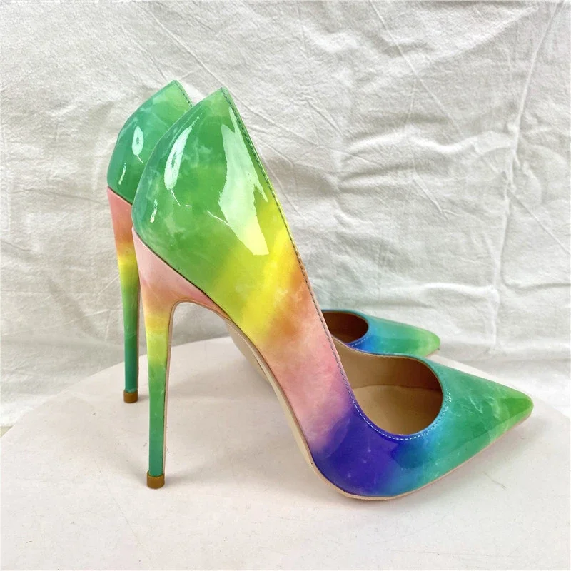 WEDDING Women Pumps PU 12CM Stiletto 2022 Spring Rainbow Color Blocked Pointed Soft Leather Shallow Mouth Single Shoe Woman Shoe