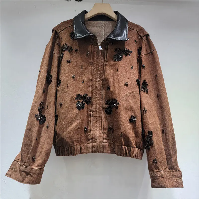 

Fashion Sequins Denim Jacket Faux Pu Leather Lapel Patchwork Long Sleeve Elastic Waist Hem Female Jeans Jacket Coat Streetwear