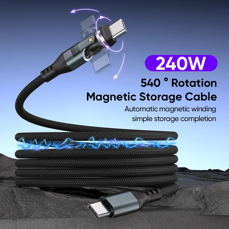 

240W 5A Magnetic USB C to Type C Cable with Indicator Light,1m 540° Rotate Braided PD Fast Charging Cord for iPhone 17,Samsung