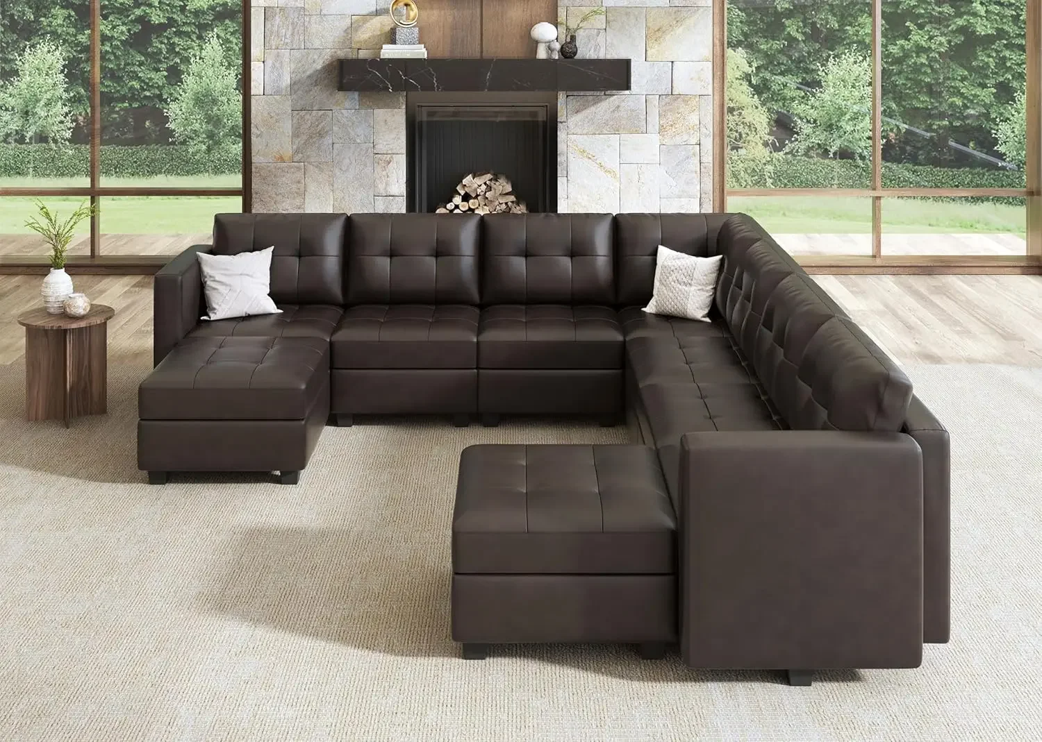 U Shaped Sectional Couch Faux Leather Oversized Modular Sofa with Storage ottoman