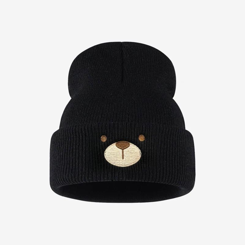 Fashion Lovely Toddler 1‑3Y Cuffed Knit Beanie Cute Bear Face Embroidery Cozy for Park Trip Daily Outing Playdate Holiday Gift