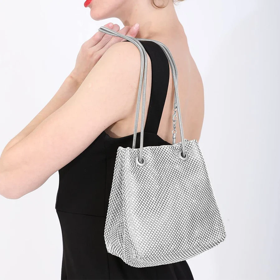 

Shiny Bucket Bags Women Rhinestone Evening Bag Elegant Banquet Purse Handbags Chains Shoulder Bags Female Wedding Party Clutch