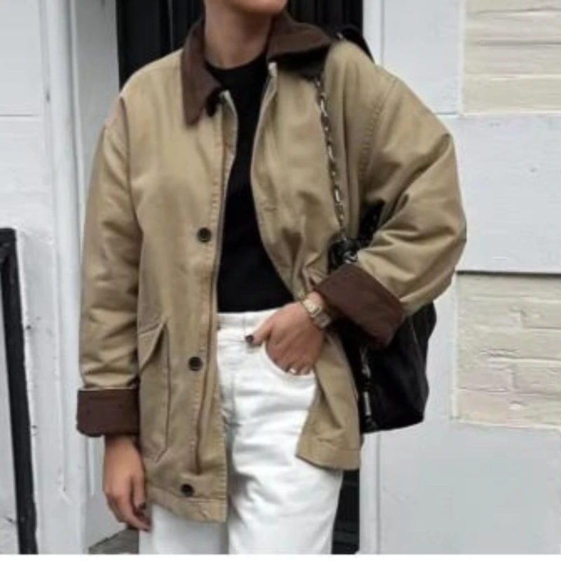 

Осенняя уличная короткая ветровка для женщин, пальто цвета хаки с лацканами, куртки на молнии, зимние пальто на полной подкладке 2025 года с карманами