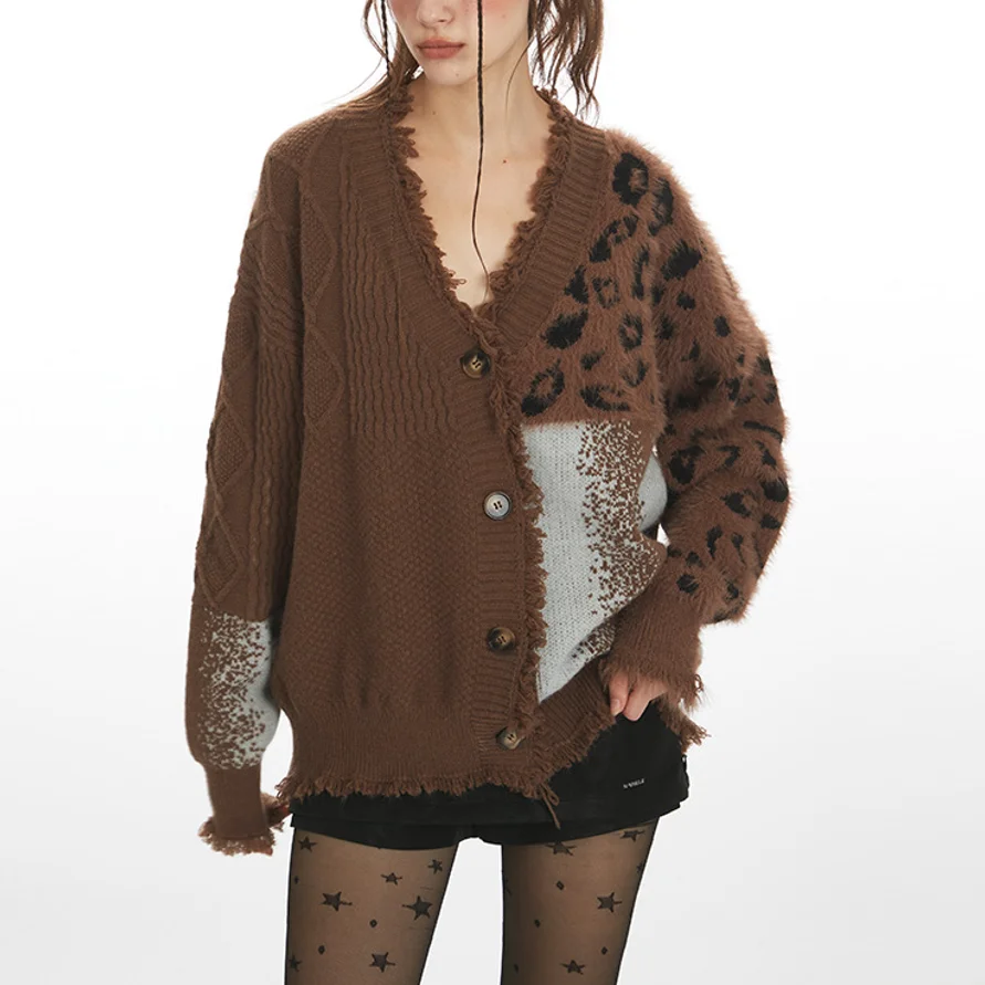 

Винтажный женский кардиган Yapher с леопардовым принтом, коричневый вязаный свитер с v-образным вырезом и цветными блоками, теплое однобортное пальто на осень