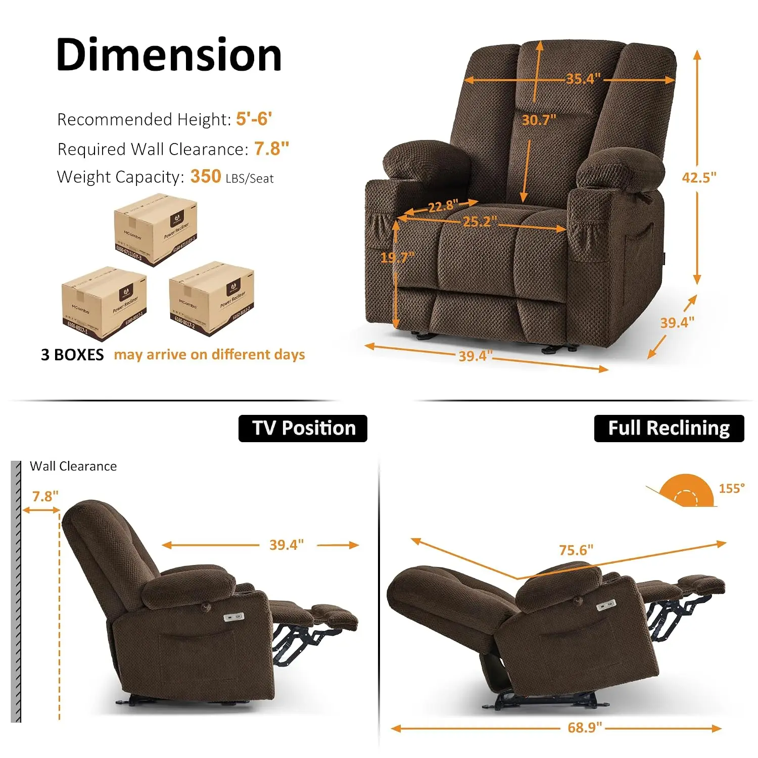 Oversized Power Recliner Chair with Heat and Massage 8017 (Brown), Custom
