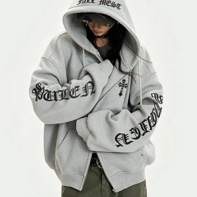 Japanese Gothic Lolita Zip Up Hoodies Women Vintage Letter Graphic Print Long Sleeves Hooded Y2K Streetwear Casual Short Jacket