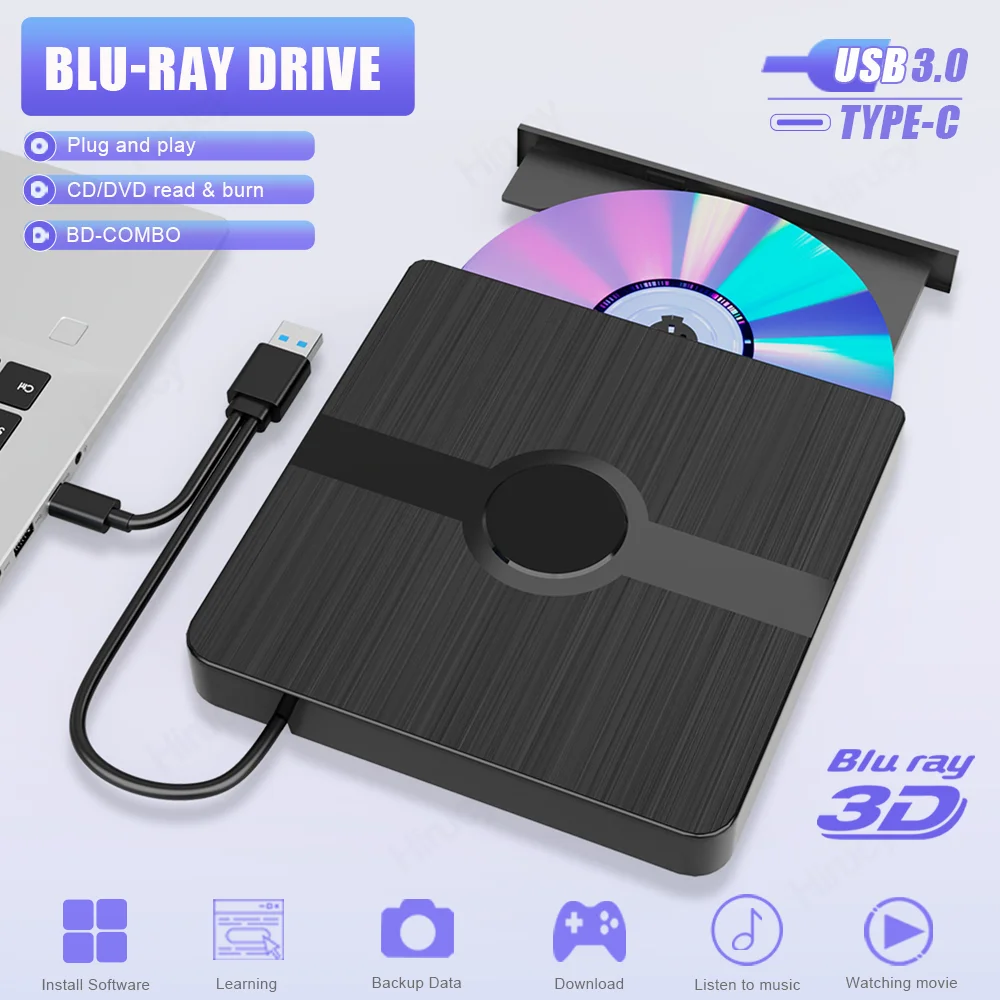 External Blu-ray Drive Portable 3D External CD DVD Drive Bluray Player with USB 3.0 Type-C Dual Port Bluray Drive for Laptop PC