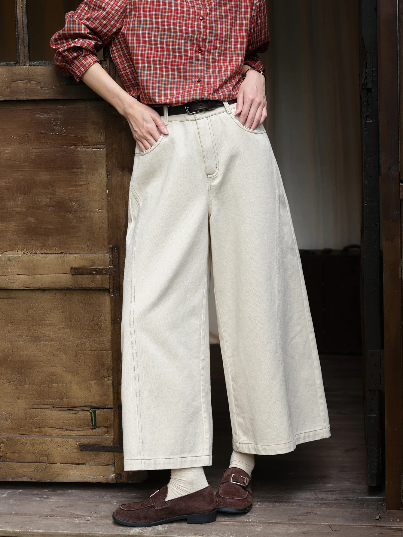 Original Design Casual Cotton Wide Leg Pants Women's Loose High Waist Nine Points Autumn Small Size Pants Pure Color Zipper S...