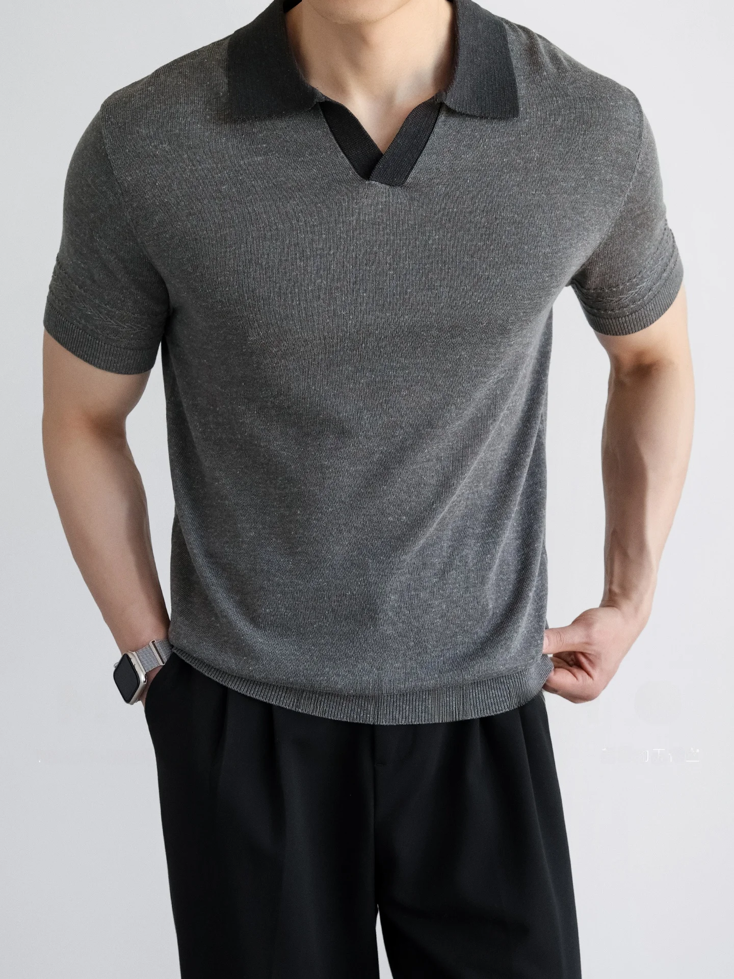 Linen Mix Knitted Short Sleeve  Shirt Cool Feeling Texture Contrast Color Collar Summer Commute Youth Fashion T-Shirt