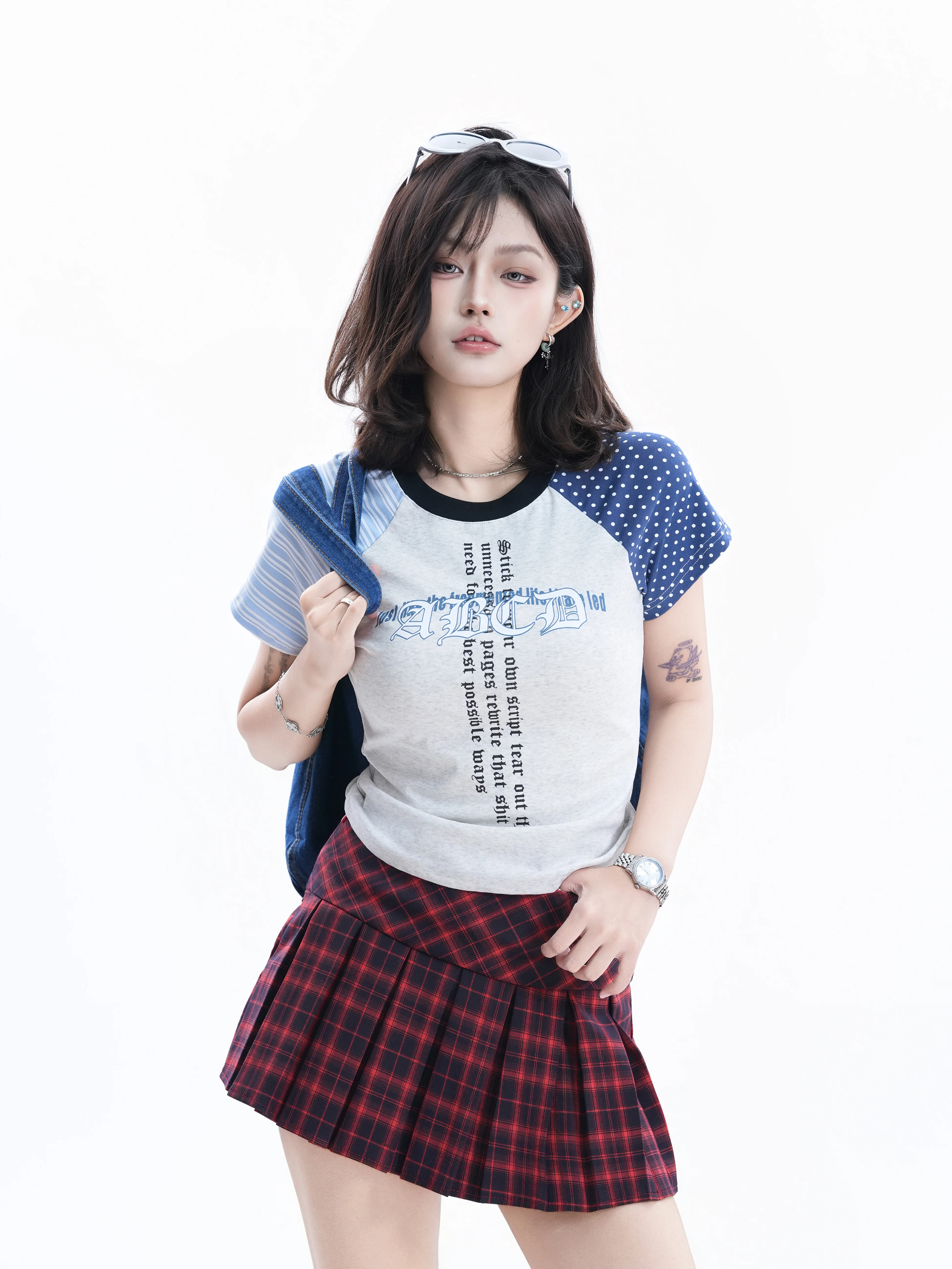 

Summer Slimming Short Sleeve American Color Block T-Shirt Women's Casual Style Polka Dot Print round Neck Top Cotton Blend