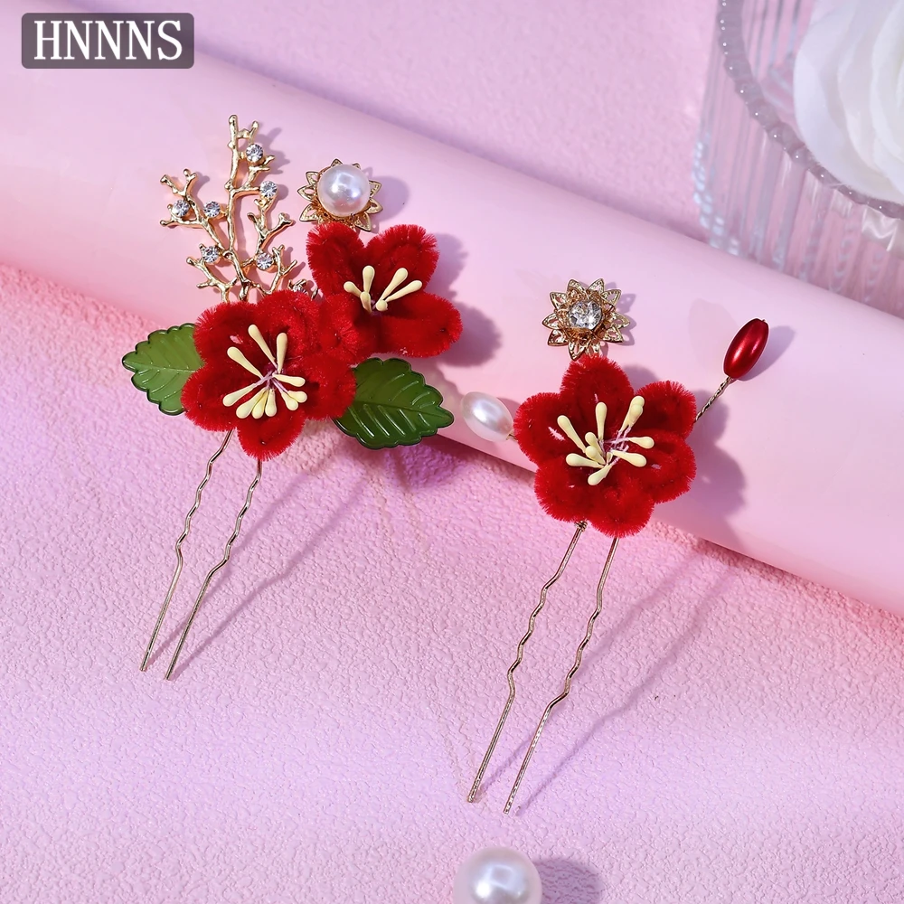 

HNNNS New Chinese U-shaped Hairpin Forks For Women Handmade Red Flower Hair Clips Bridal Jewelry Hair Accessories Wedding A393
