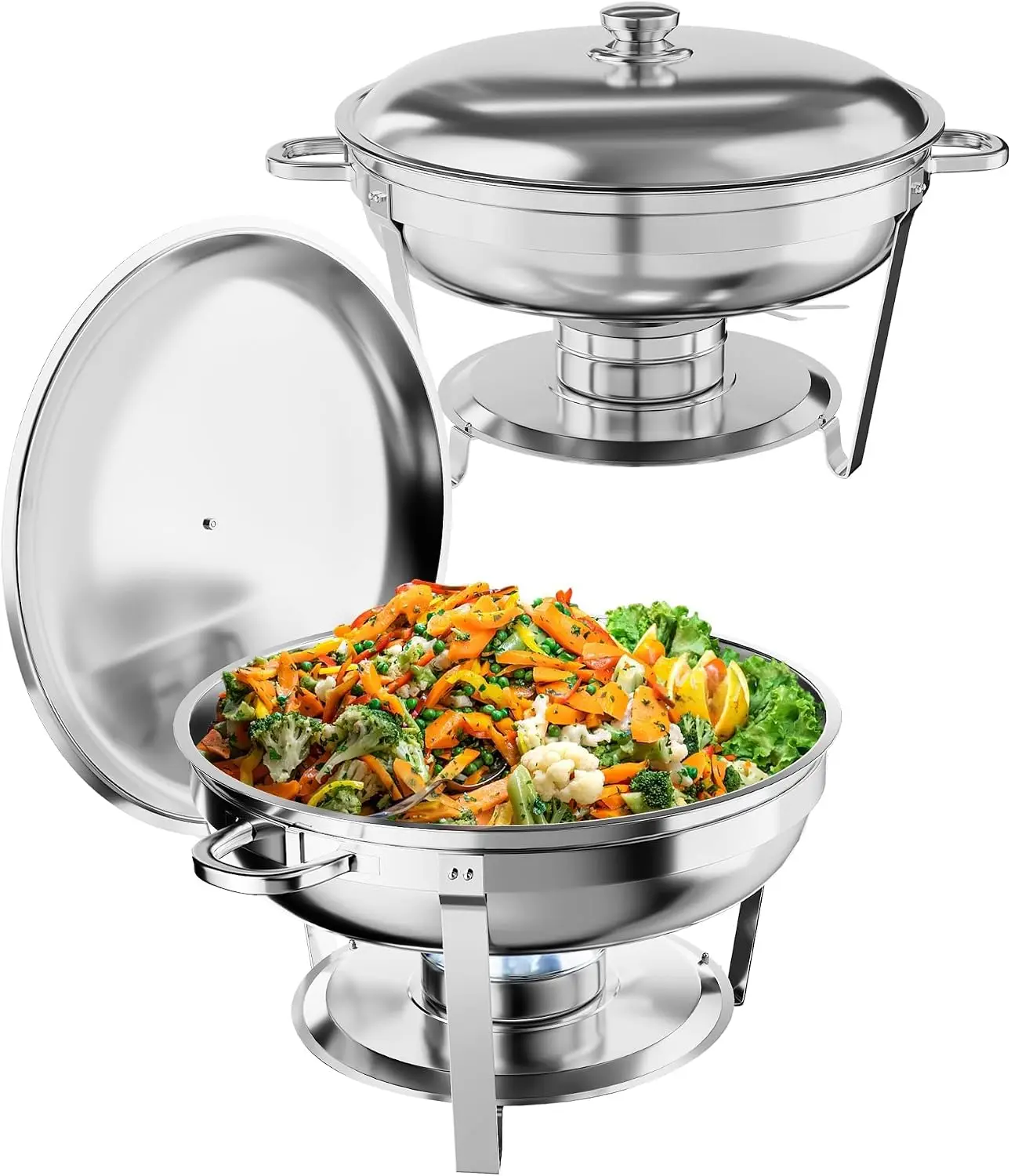 TacleeKii 2 4 6 Pack 5QT Round Chafing Dish Buffet Set With Glass Lids Stainless Steel Buffet Food Warmer Set with Serving Spoon & Tweezers for Party