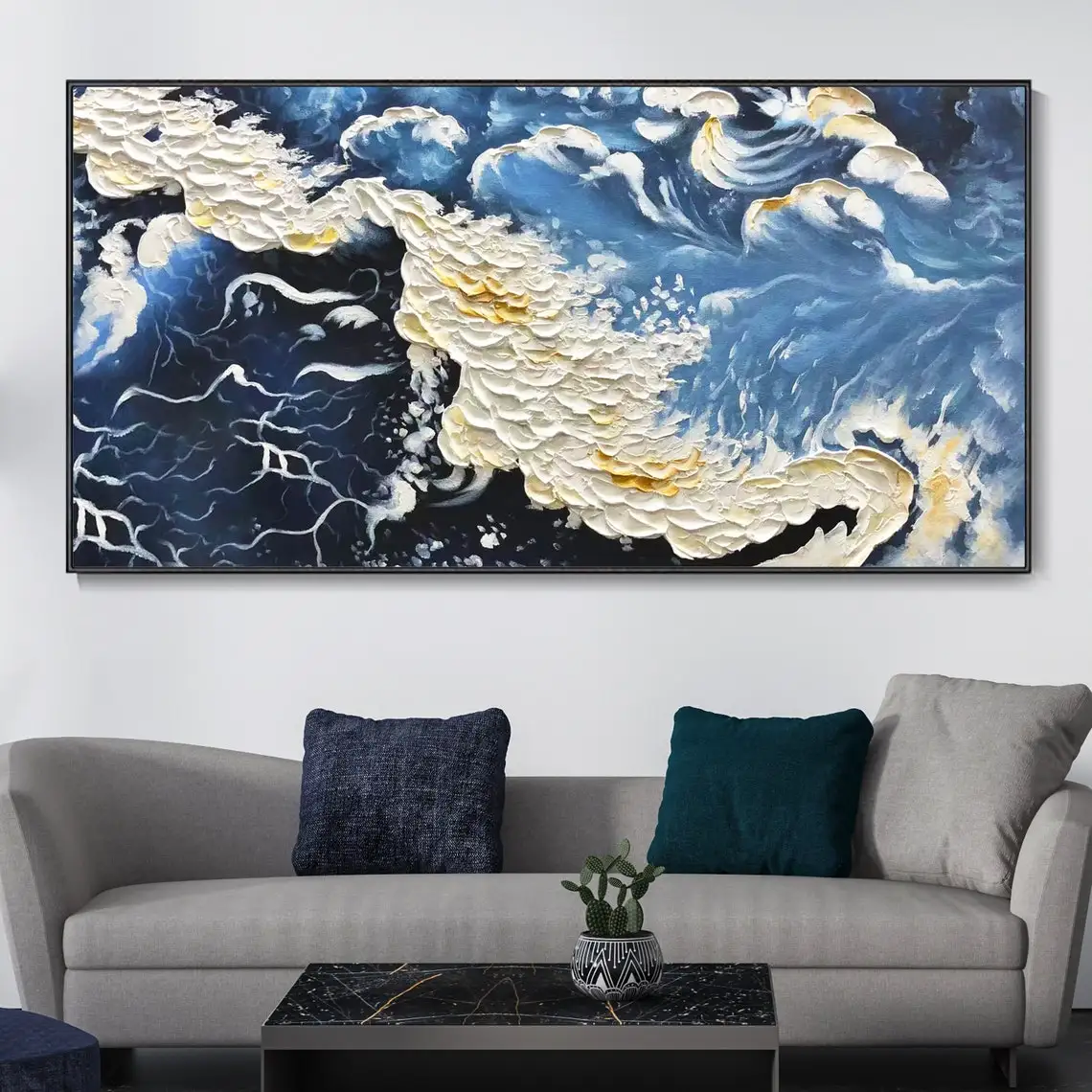 Large Blue Sea Hand Painted Texture White Waves Oil Painting Wall Cobalt Blue Seascape Wall Art Modern Landscape Home Decoration