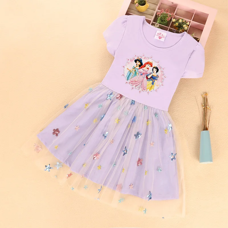 Summer Girls Holiday Dress Disney Princess Star Dress Children\'s Cartoon Pattern Printed Sweet  Dress Cotton Children\'s Wear