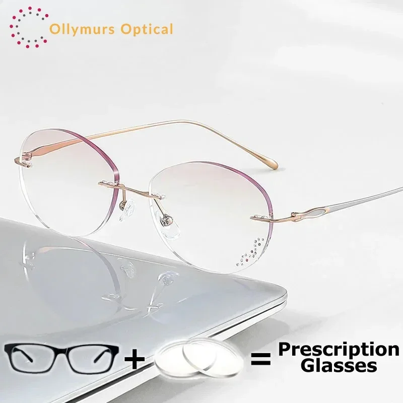 

Ollymurs Women Reading Glasses High End Titanium Rimless Frame Gradient Colored Lenses Prescription Anti Blue Ray Myopia Optical