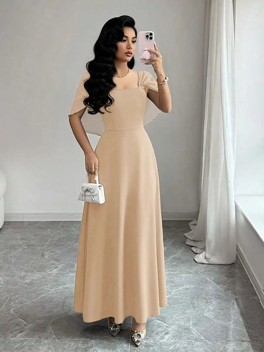 

Women Square Neck Waist Gathered A-Line Floor Length Dress Elegant Romantic Everyday Wear