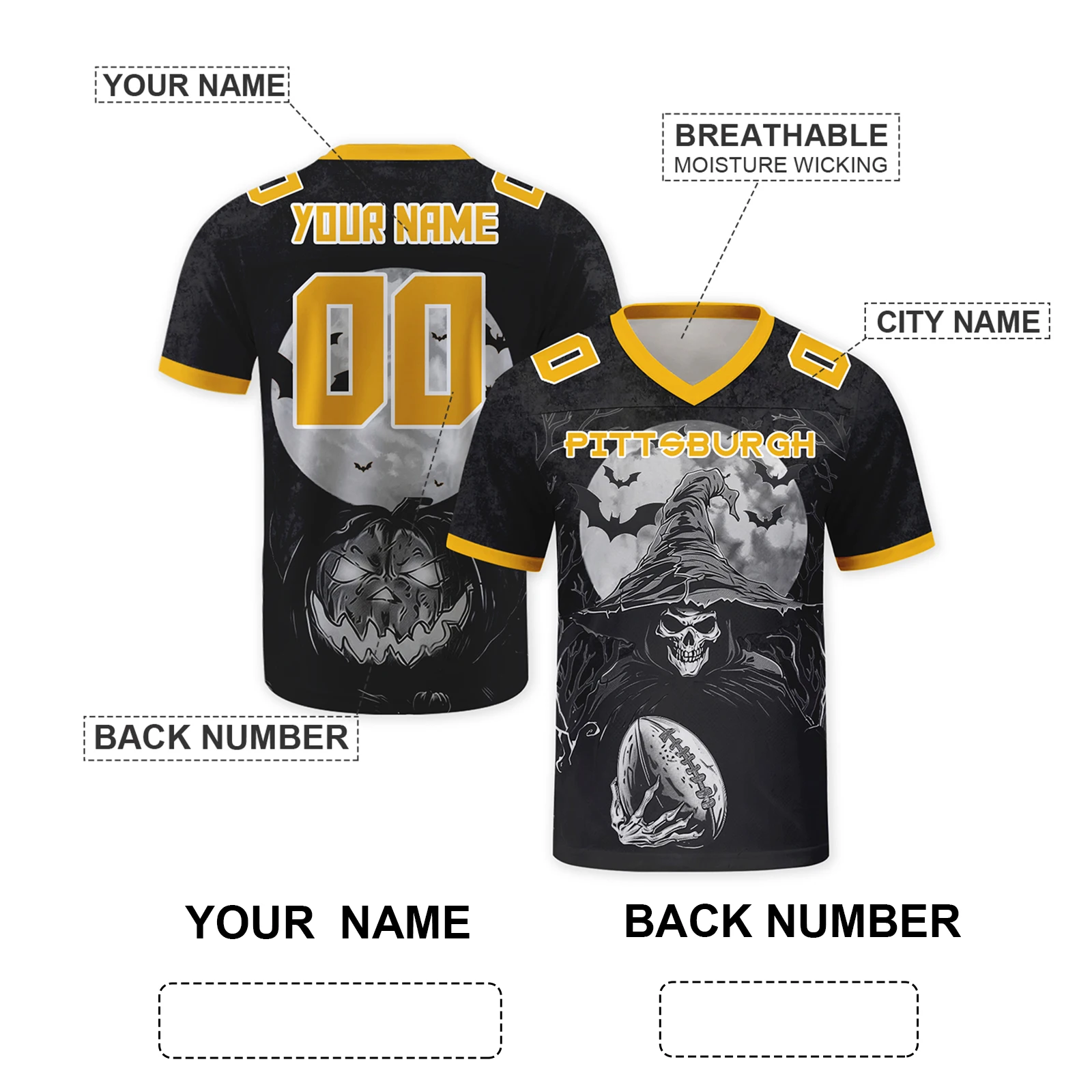 Custom Pittsburgh City American Football Jersey Personalized Halloween Skull Football Shirts Add Name & Number for Team Fans