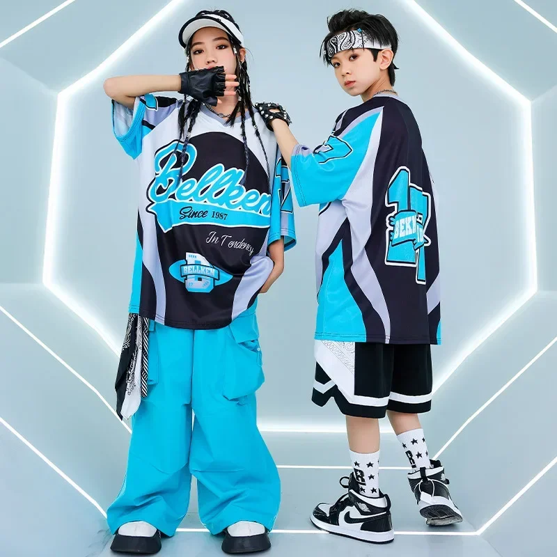 New Summer Teens Loose Blue T-Shirt Pants Black Shorts Boys Hip Hop Outfits Modern Jazz Dance Costume Girl Kpop Performance Wear image 4