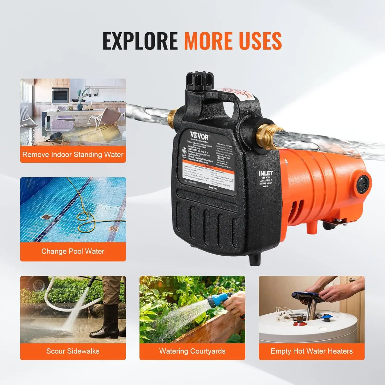 مضخة نقل المياه من الحديد الزهر، 115 فولت تيار متردد 1600 GPH 1/2 حصان، مضخة كهربائية محمولة مع فرشاة كربون، فلتر، موصل نحاسي #6