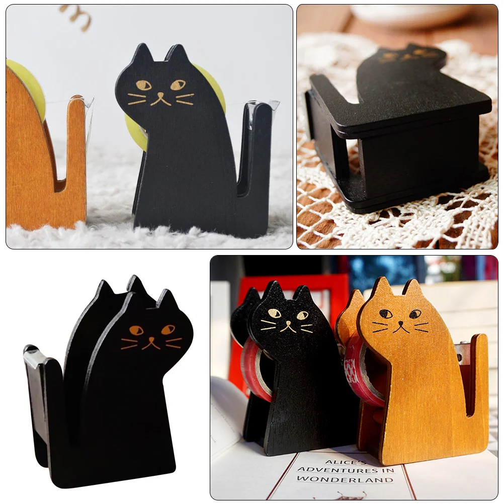 Cat Tape Holder Cute Dispenser Shaped Vintage Kitten Desk Tabletop Wood for Office Portable Exquisite Scrapbook