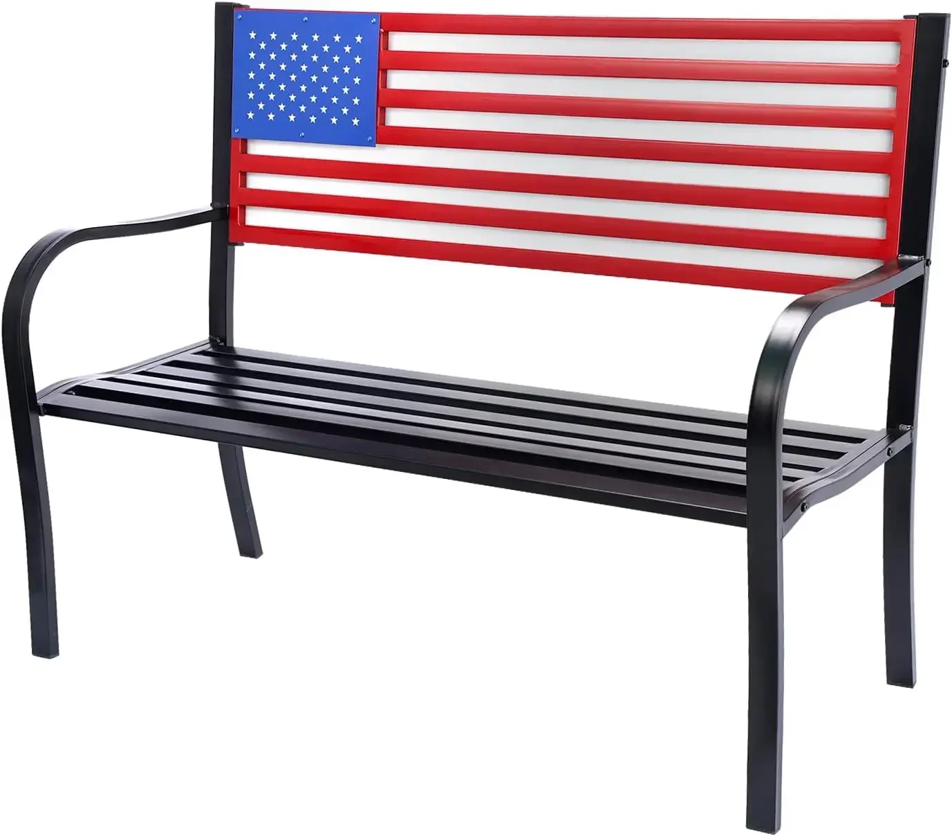 Outdoor Patio Metal Welcome Bench-American Flag-55 Inch-Red/White/Blue-Backyard Expressions