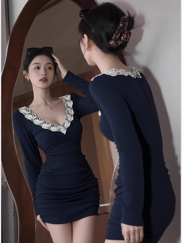 

Autumn Winter Vintage k Blue Lace Splicing V-ne Long Sve Dr Women Sexy ort Skirt Waist-cinching Bodycon Dr