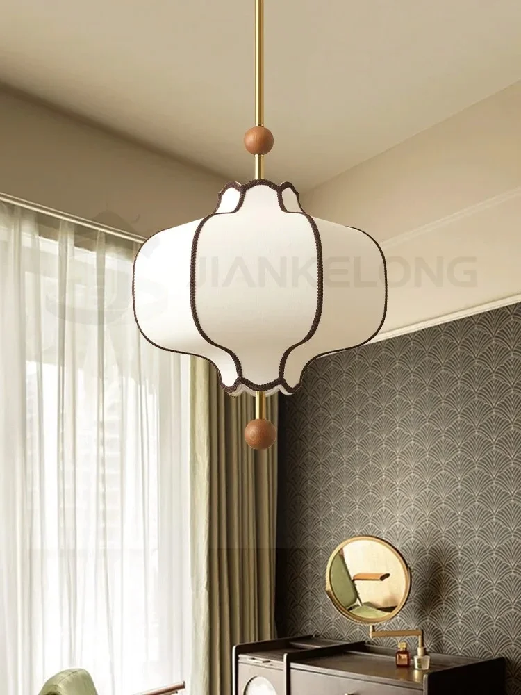 JIANKELONG Vintage fabric lampshade pendant light circular LED room dining table apartment wooden ball lighting fixture E27