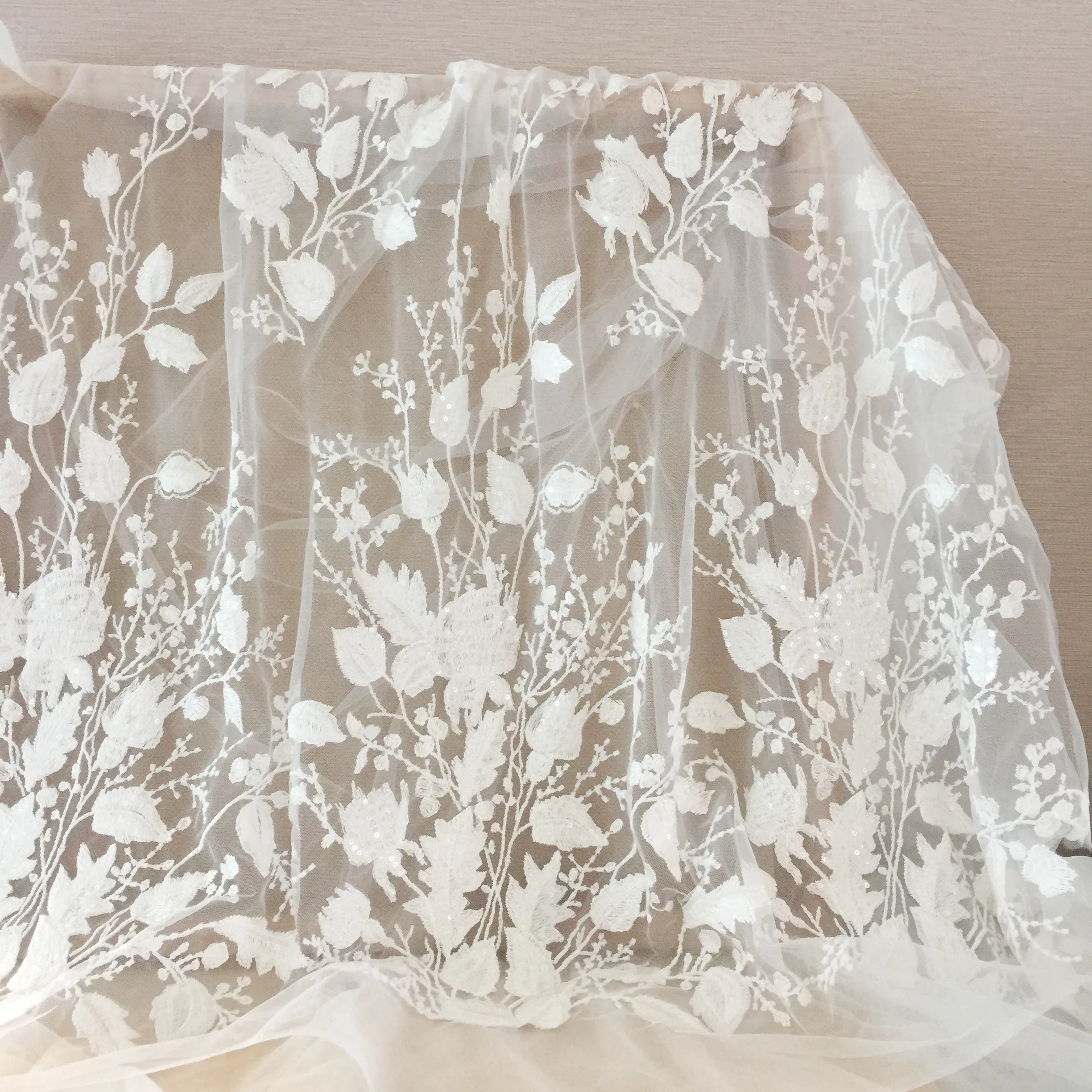 1 Yard Top Quality Sequin Ivory Tulle Floral Embroidery Lace Fabric , Bridal Gown Wedding Dress Veils Shrug Fabric