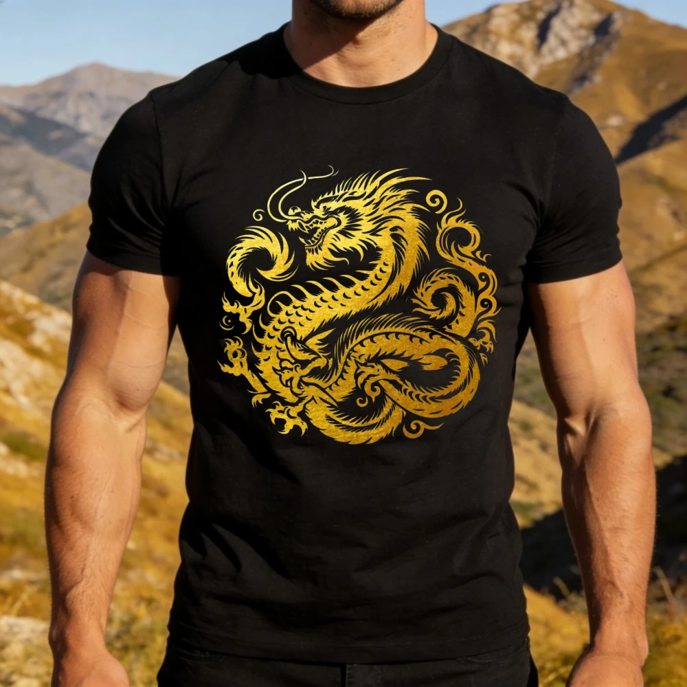 Golden Dragon Graphic T-Shirt Oriental Mythical Dragon Print Shirt Y2K Grunge Style Unisex Tshirt Men Fashion Summer Cotton Tops