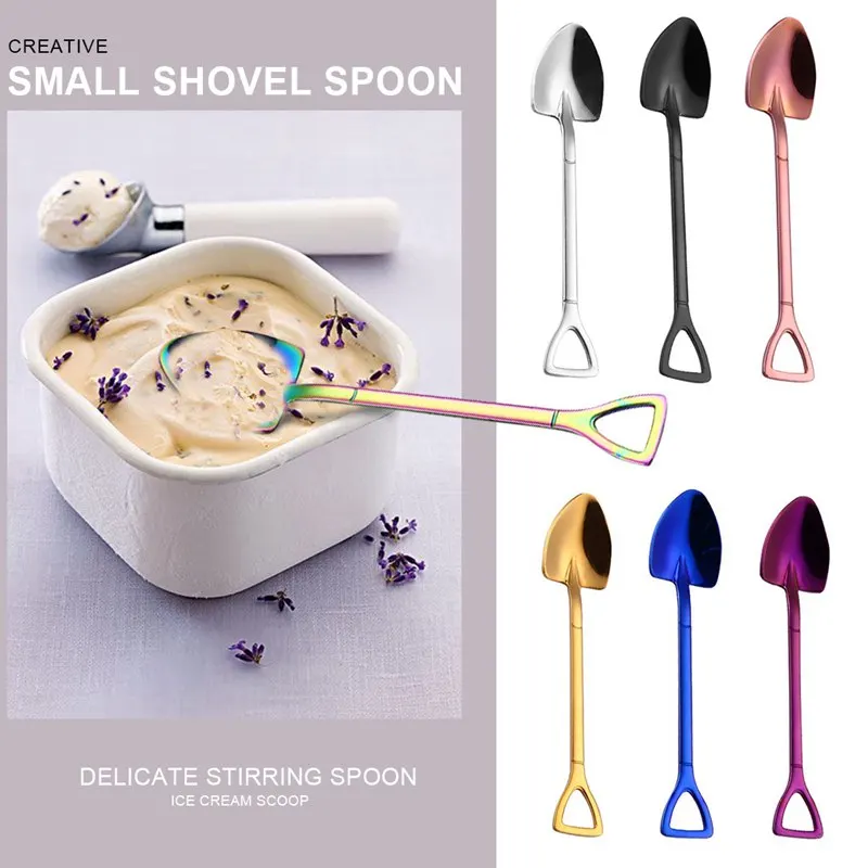 Creative Stainless Steel 304 Small Shovel Spoon Design Gold-Plated Tableware Coffee Spoon Ice Cream Soup Honey Spoon Delicate St