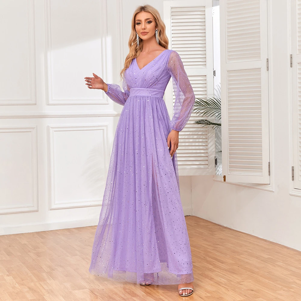 Lavanda vestido de noche de línea A con mangas completas para mujer, cuello en V, longitud hasta el suelo, tul ostentoso, vestidos de graduación para fiesta de boda, barato, venta al por mayor