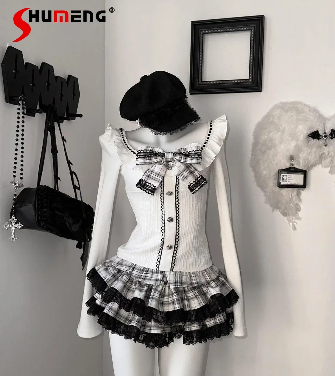 

Korean College Style JK Uniform Set Lady Autumn Slim-Fit Bow White Long Sleeve Top High Waist Plaid Cake Skirt Two-piece Sets