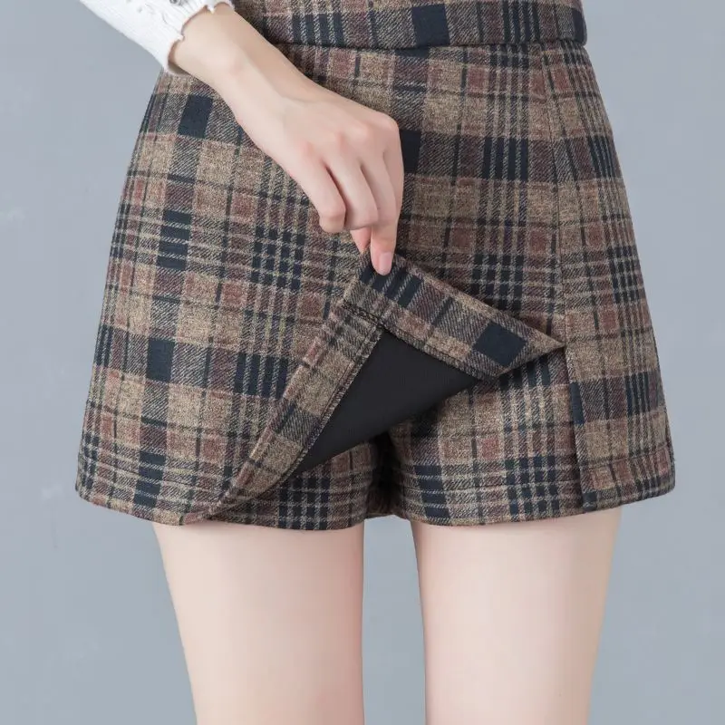 Autumn New Plaid Irregular Shorts Skirts High Waist Zipper Plus Size Split Hem All-match Shorts Elegant Fashion Women Clothing