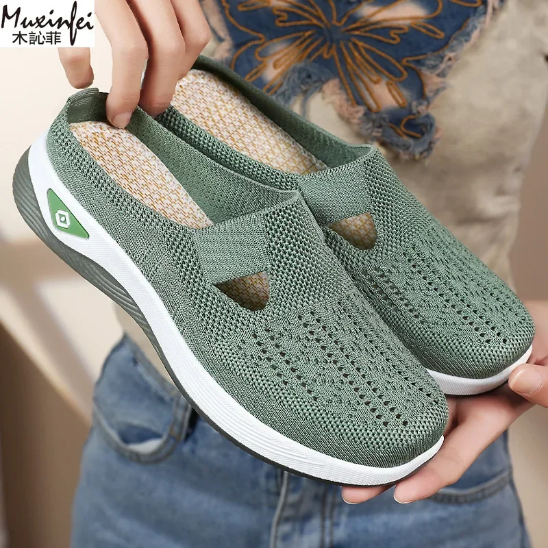 Women's Summer Slippers Versatile Casual Shoes Breathable Toe Cap Slippers Lazy Mesh Soft Sole Single Cheap Shoes Clearance