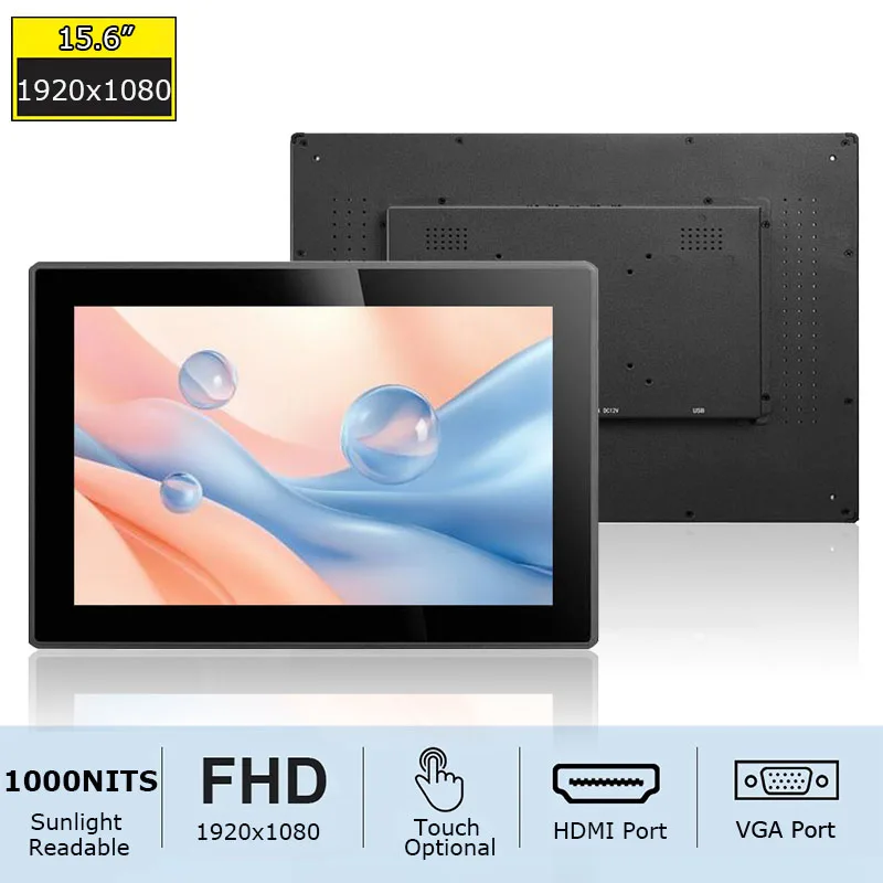 New Product 15.6" Widescreen 1920x1080 Waterproof Outdoor Use 1000 Nits Sunlight Readable Capacitive Touch Monitor Wuth VGA HDMI
