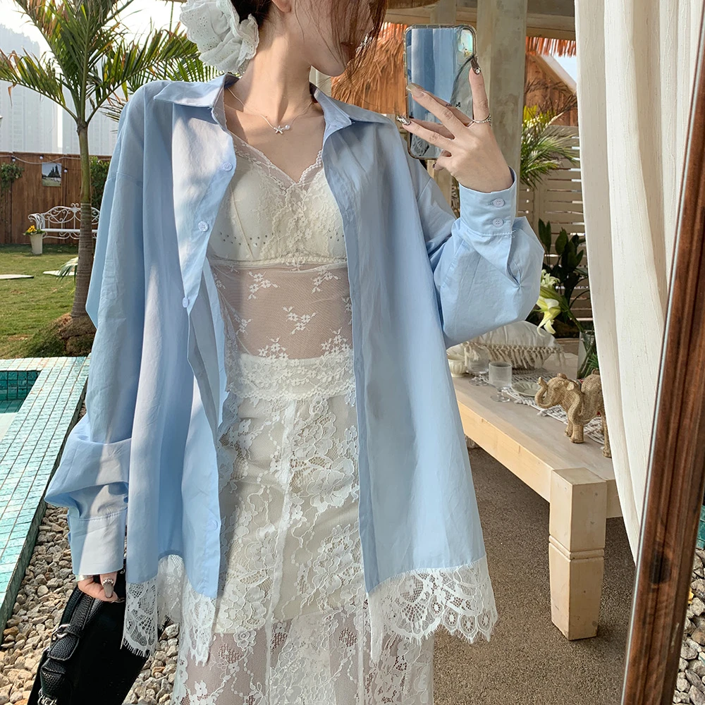 

spring Lace splicing Women Blouse Shirt Autumn harajuku solid Polo collar Long Sleeve cotton Office Lady Casual oversized Shirts