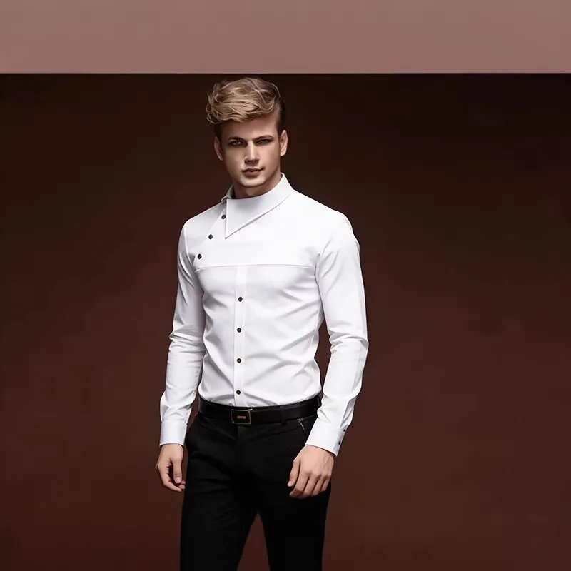 

Men's White Asymmetric Collar Long Sleeve Dress Shirt Slim Fit Business Casual Button Down Shirt
