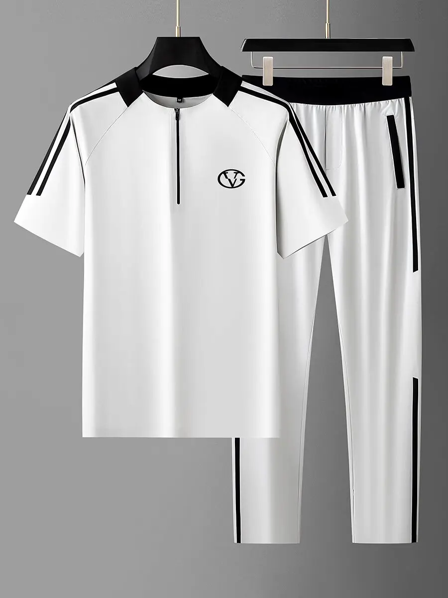 

Summer ice silk sports two-piece contrasting color three-bar splicing men's half-zipper short-sleeved leisure sports suit