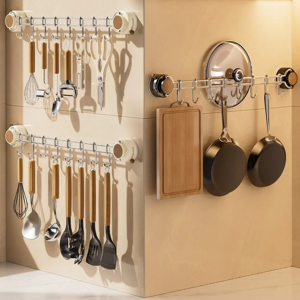 

8 Hooks Suction Cup Kitchen Hook Sliding Space Saving Wall Mounted Utensil Holder Adjustable Removable Cooking Utensils Hanger