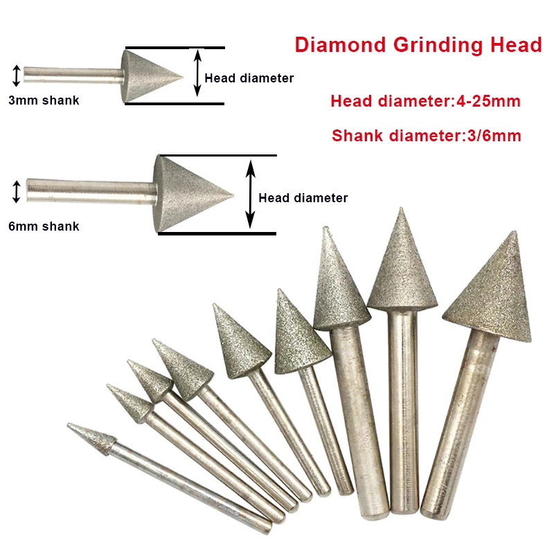 

4-25mm Umbrella Diamond Grinding Head 3/6mm Shank Triangle Grinding Needle For Stone Jade Engraving Polishing Abrasive Tool