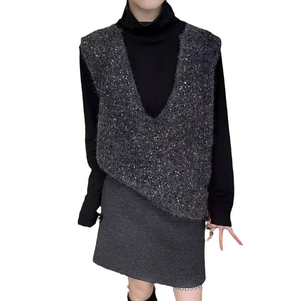 Dames bovenkleding jas retro stijl polyestervezel lang mode-element V-hals gebreid truivest met pailletten