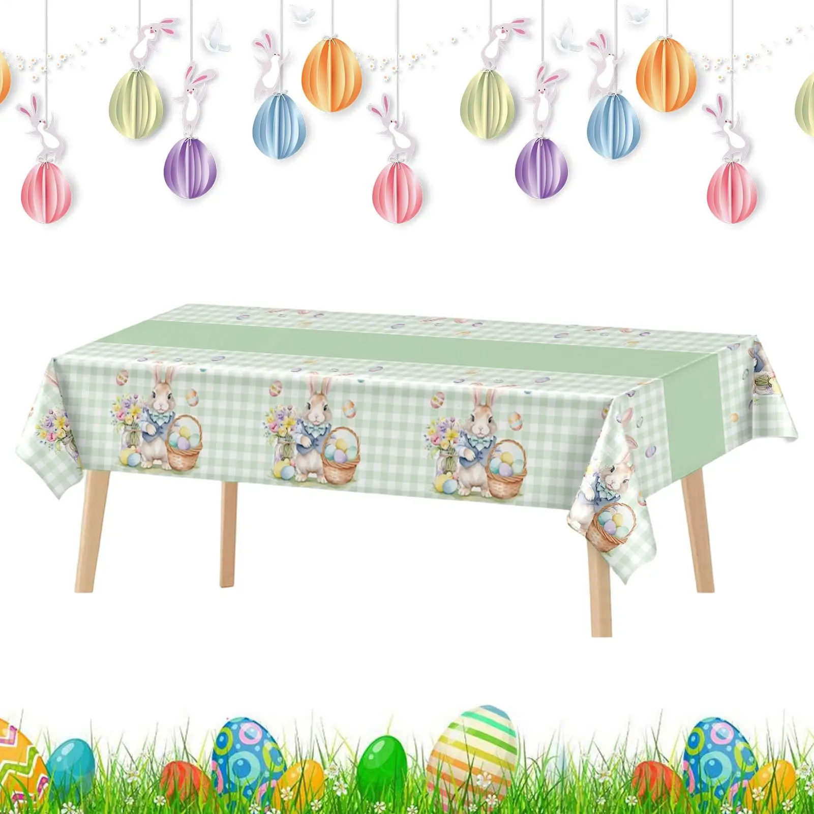 Easter Happy Rectangle Tablecloth Disposable Easter Egg Rabbit Easter Green Grid Tablecloth Decoration Waterproof Table Cover