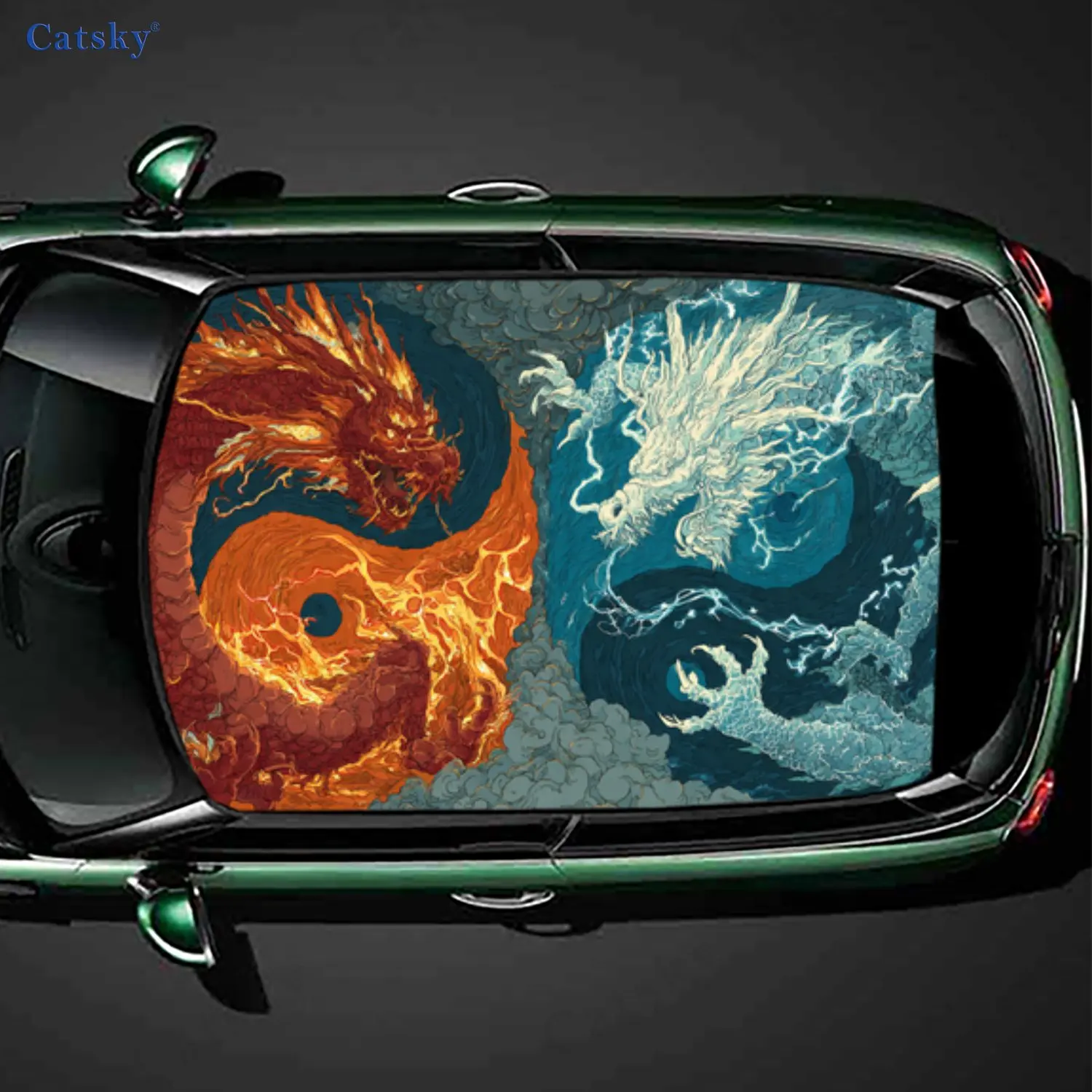 

Наклейка на крышу автомобиля Mythical Flame Ice Dragon Sky Duel, самоклеящаяся водонепроницаемая виниловая наклейка из ПВХ для автомобиля, защитная наклейка для украшения автомобиля