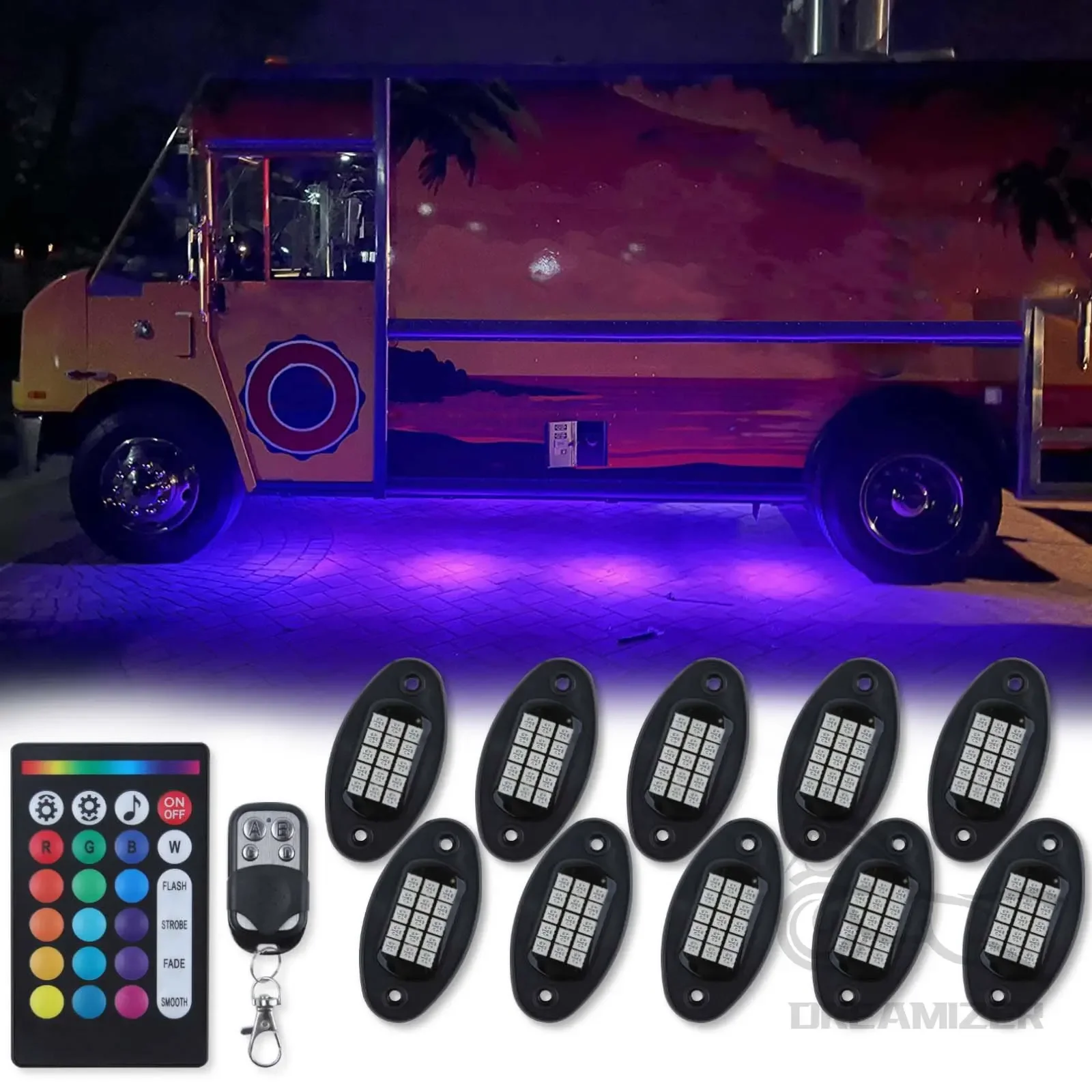 DC 12V 10 Pods RGB LED Rock Lights Kit Underbody Neon Music Light Bluetooth APP Underglow Lighting Kit For Cars