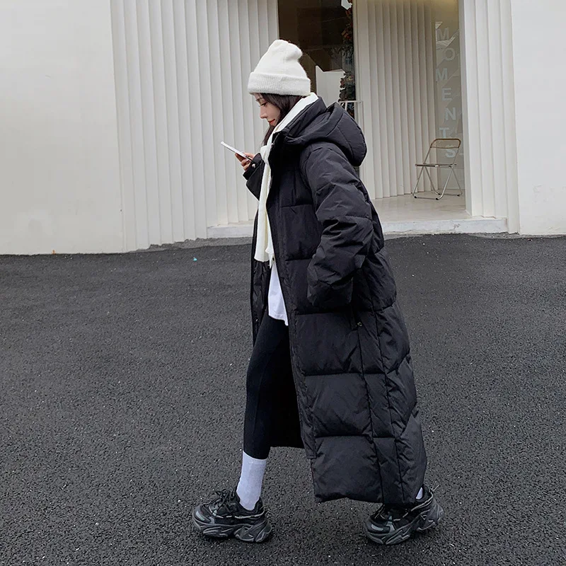 Jaket panjang wanita Korea, mantel parka bertudung hangat tebal hitam krem tahan angin, mantel katun musim dingin 2023