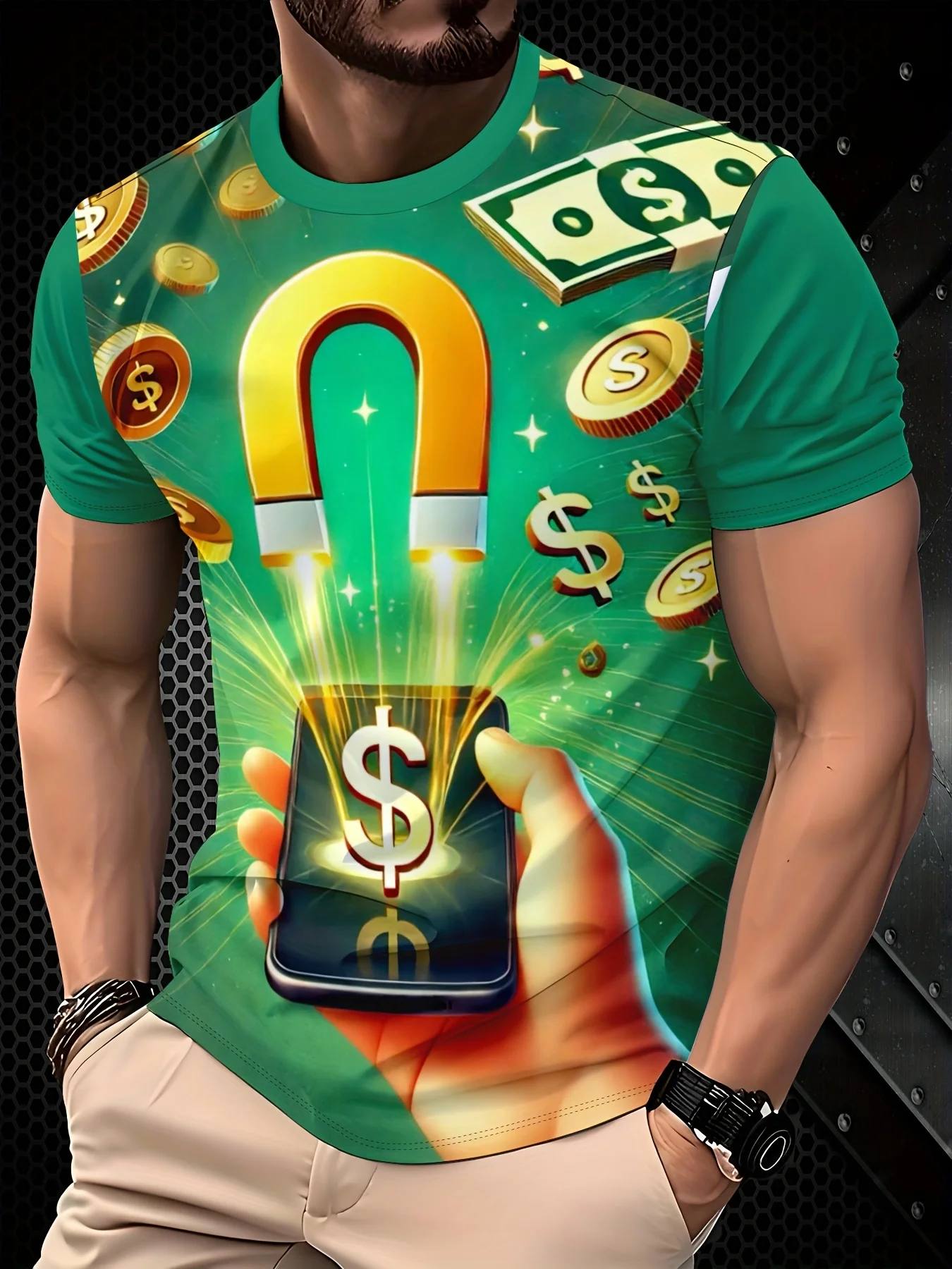 Men 3D Print T-Shirt Green Money Magnet Dollar Coin Hand Phone Graphic O Neck Short Sleeve Casual Summer Streetwear Tee