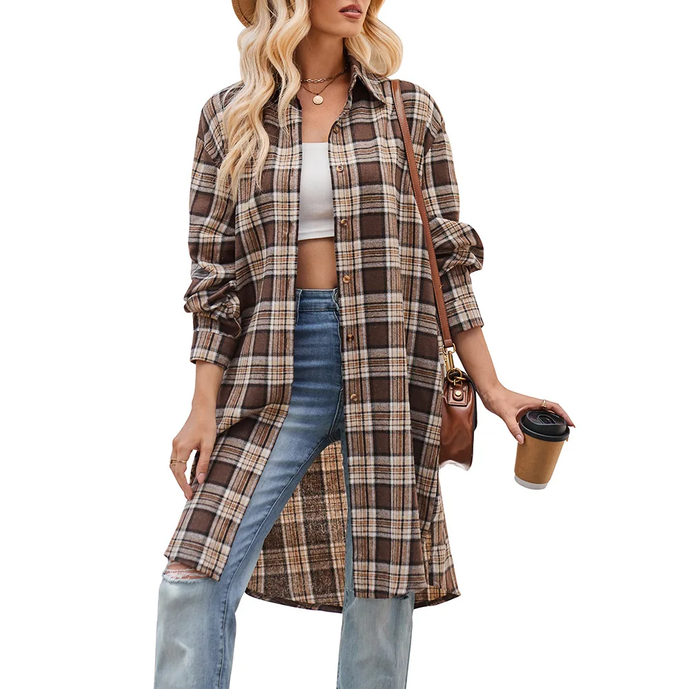 

2023 New Autumn Winter Women Shirts Blouses Female Casual Lapel Plaid Long Sleeve Shirt Ladies Fashion Long Shirts Coats