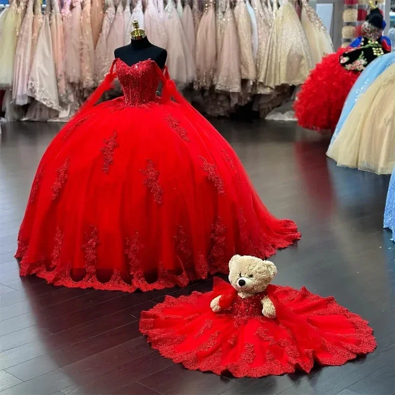 Vestidos De quinceañera rojos, vestido De baile con apliques De encaje con capa, dulce vestido De fiesta De cumpleaños De 16 Años, 15 Años