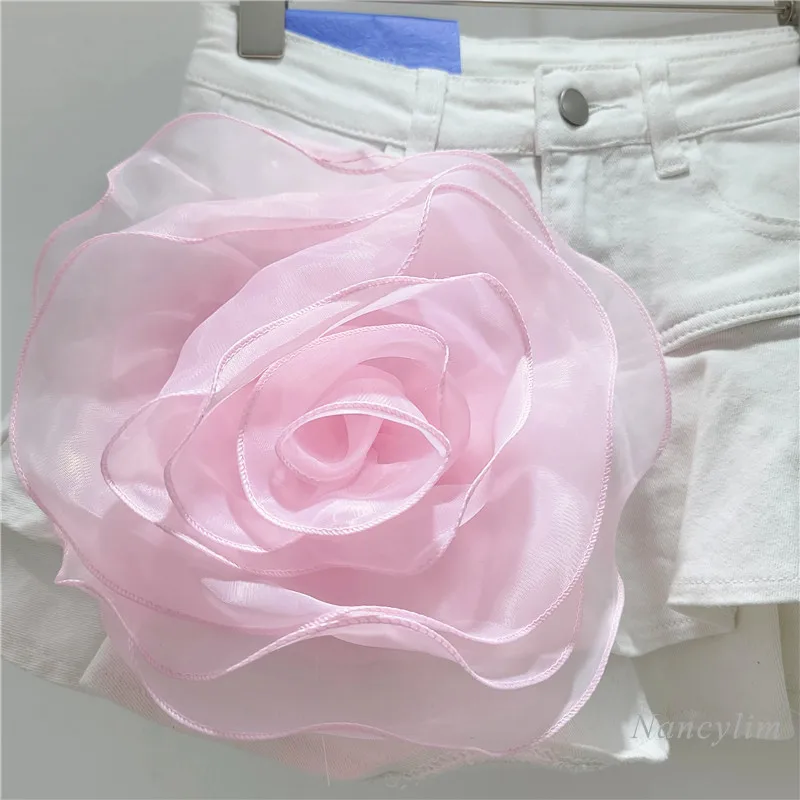 Short Ruffled Skirt with Three-Dimensional Large Flower 2024 Summer A- Type Light Blue Denim Skirt for Women Black White Faldas